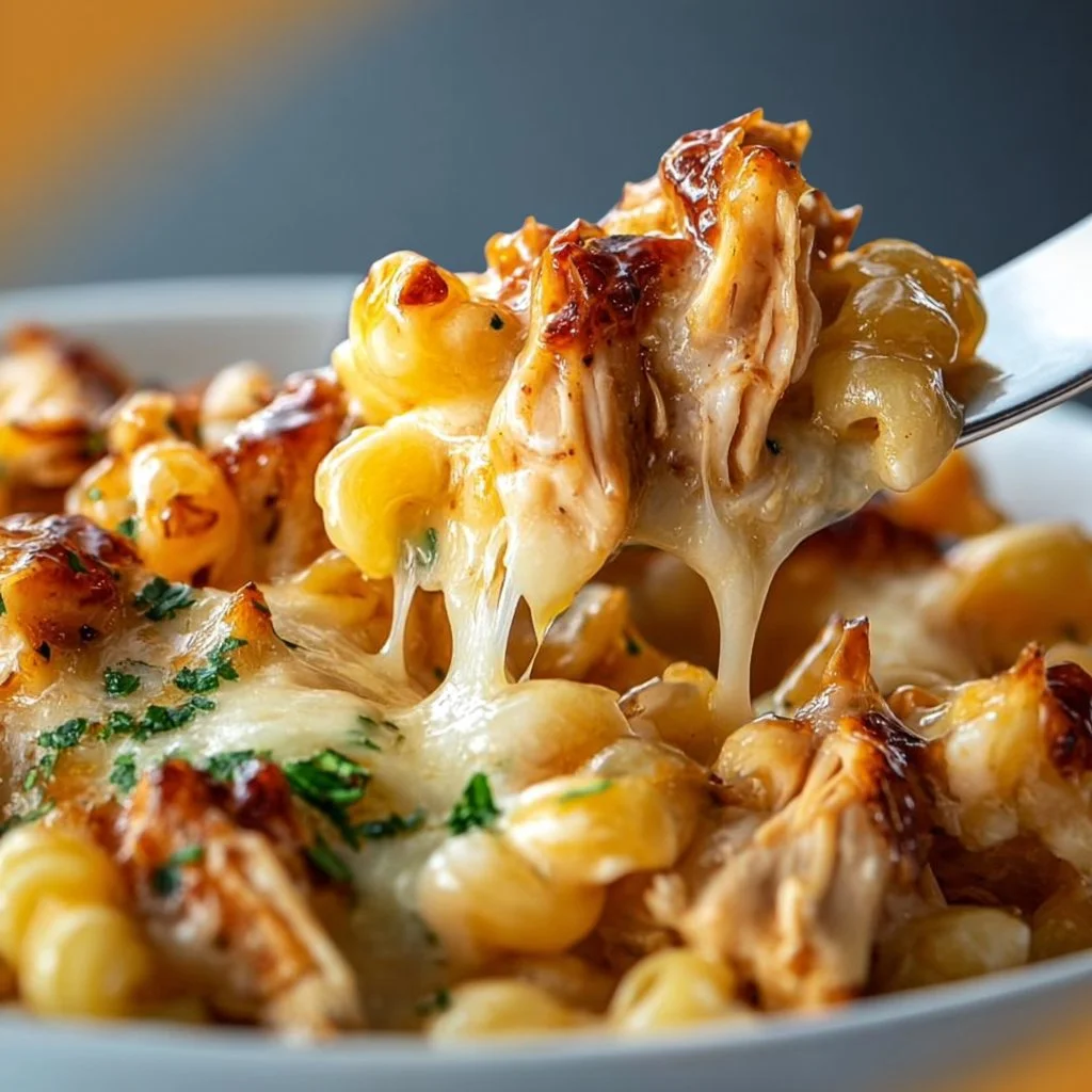 Delicious BBQ Chicken Mac and Cheese topped with cheese and BBQ sauce