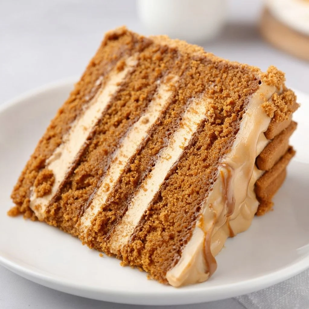 Deliciously layered Biscoff Cake with Biscoff spread and crumbs on top.