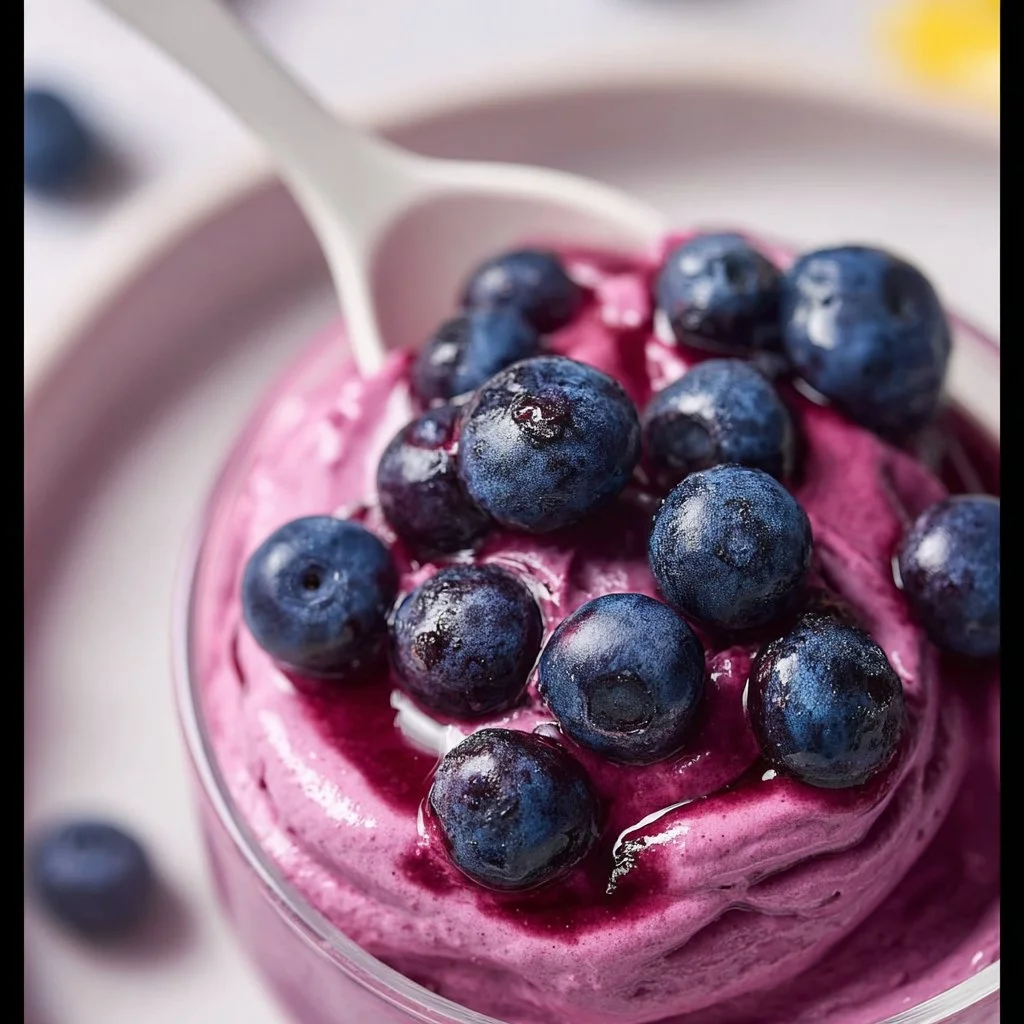 Delicious blueberry mousse served in a glass with fresh blueberries on top.