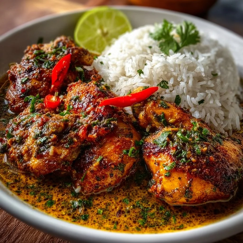Bowl of Brazilian Coconut Chicken garnished with fresh herbs and served with rice