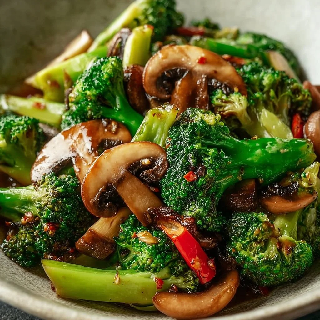 Colorful broccoli mushroom stir fry in a skillet with vibrant vegetables