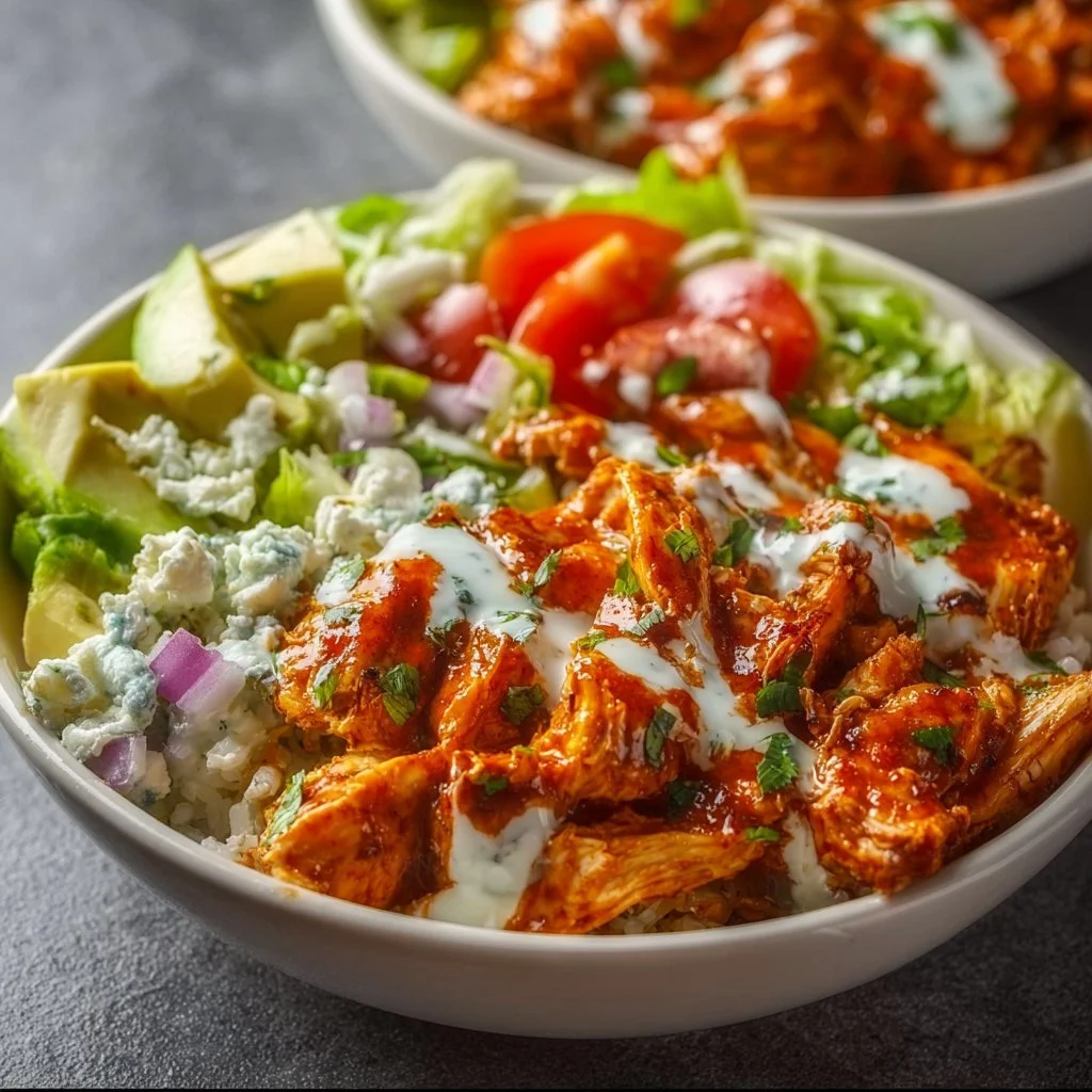 Delicious Buffalo Chicken Bowl with toppings and spices
