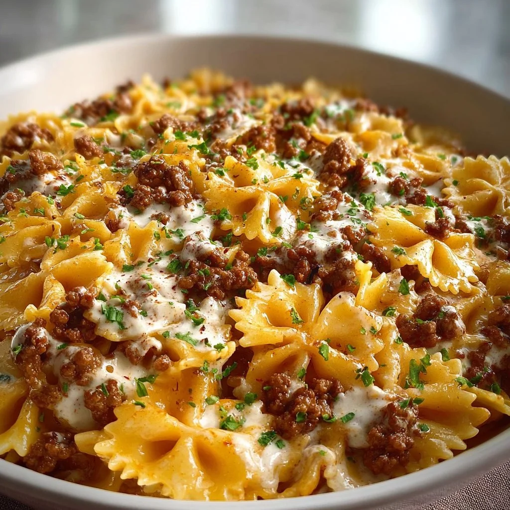 Cajun Cream Cheese Alfredo Bowties in a creamy sauce garnished with herbs