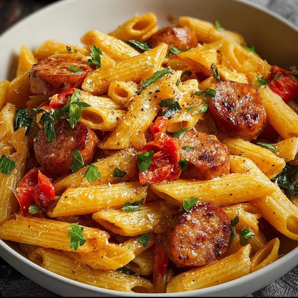 Delicious Cajun Sausage Pasta served in a bowl with herbs and spices.