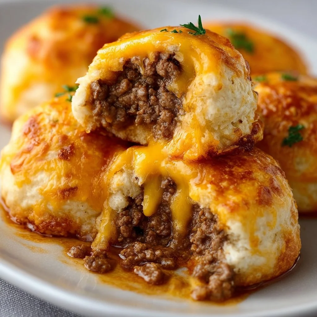 Cheesy beef biscuit bombs served fresh from the oven on a platter