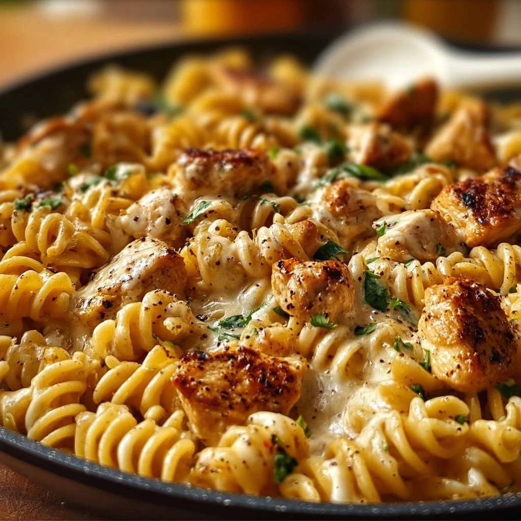 Cheesy Cajun Garlic Chicken Rotini Skillet served in a cast-iron pan