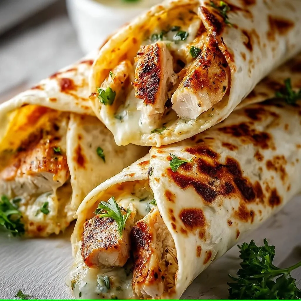 Delicious cheesy garlic chicken wraps served on a plate