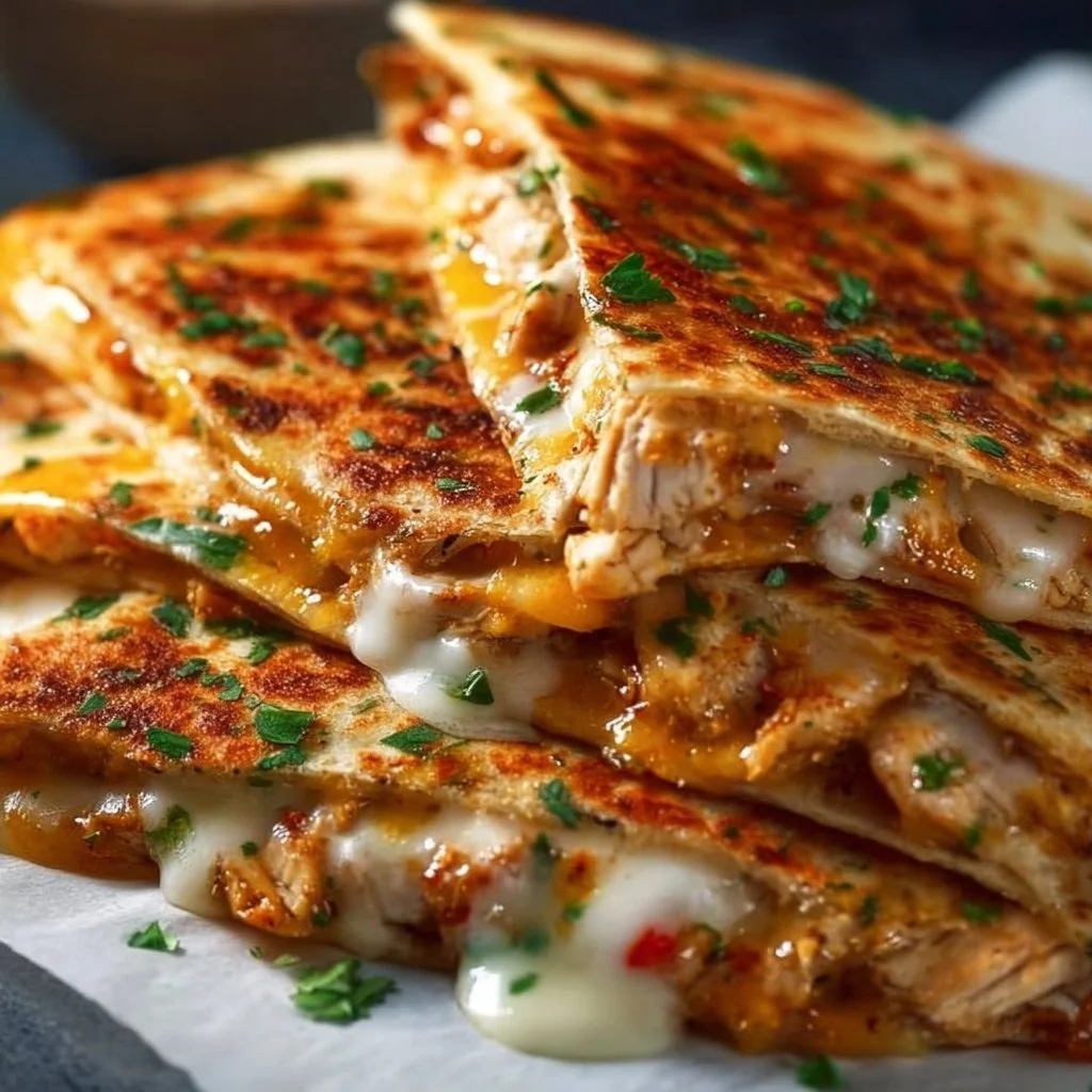 Cheesy hot honey chicken quesadillas topped with melted cheese and drizzled with honey