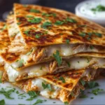 Hot honey chicken quesadillas with melted cheese and spicy drizzle on a plate