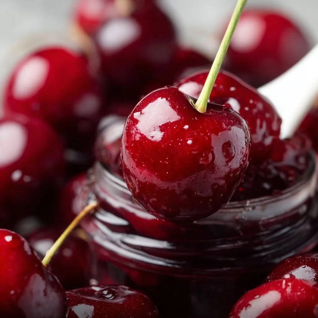 Jar of homemade cherry preserves with fresh cherries on the side