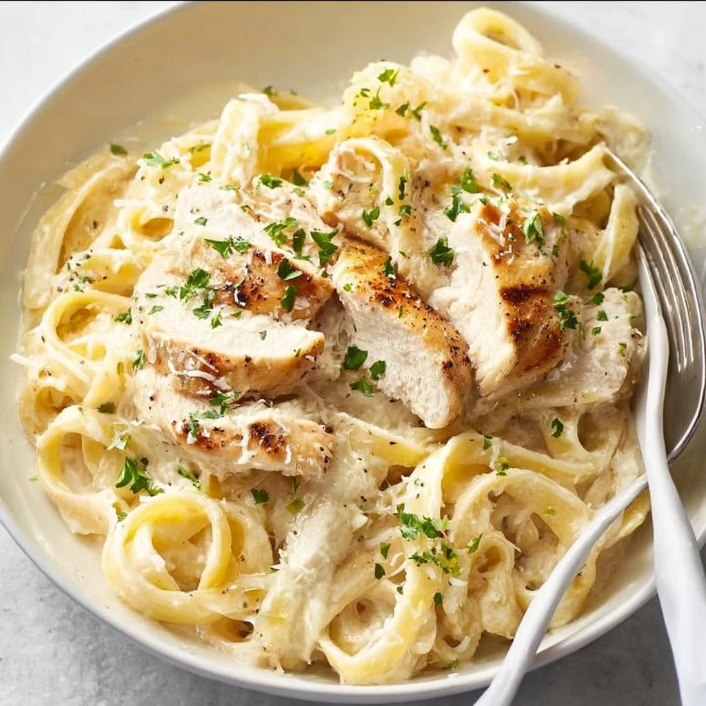 Delicious Chicken Alfredo with tender chicken and creamy sauce over pasta