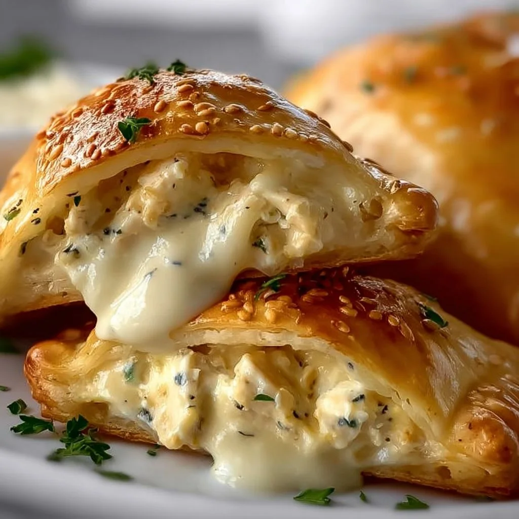 Chicken Alfredo Calzones with creamy sauce and melted cheese