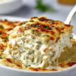 Delicious Chicken Alfredo Lasagna layered with creamy sauce and cheese