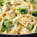 Delicious Chicken Broccoli Alfredo with pasta, chicken, and broccoli in creamy sauce