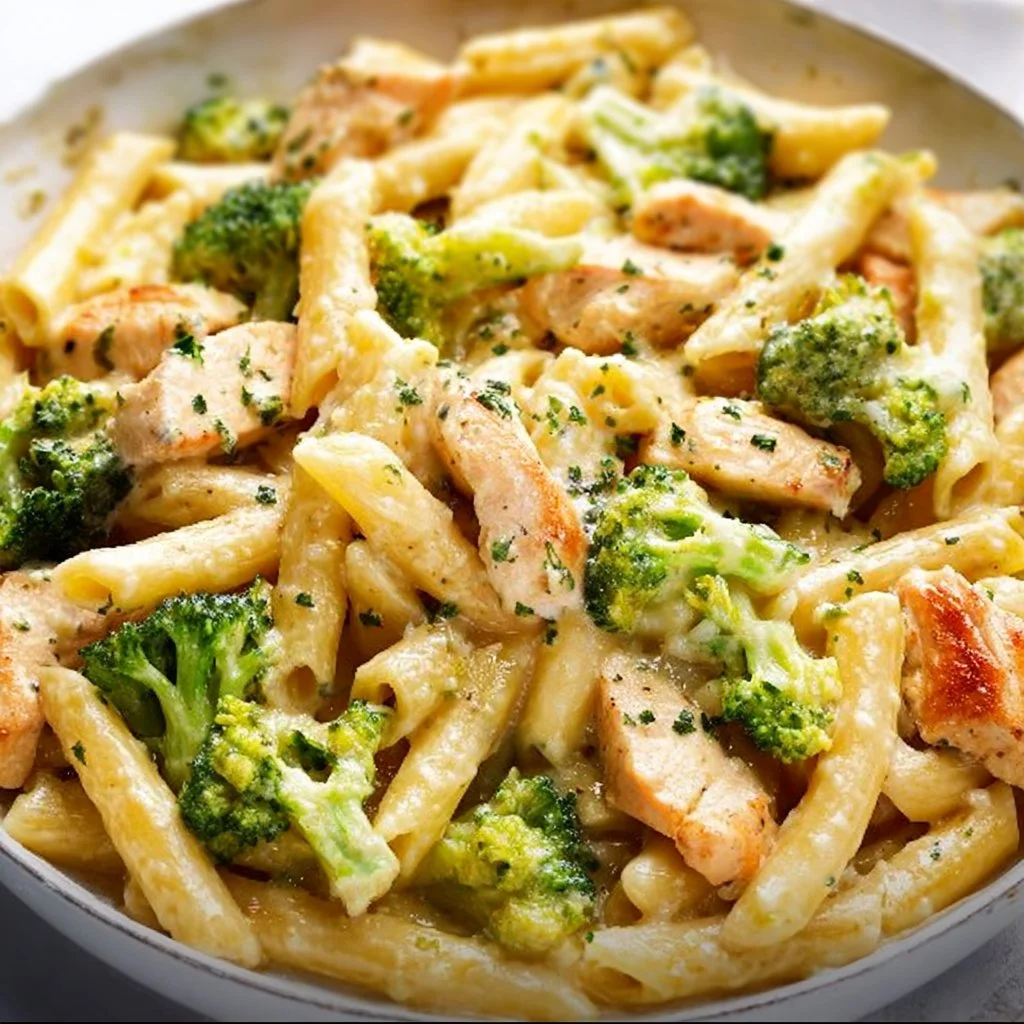 Creamy Chicken Broccoli Ziti with broccoli and cheese served in a bowl