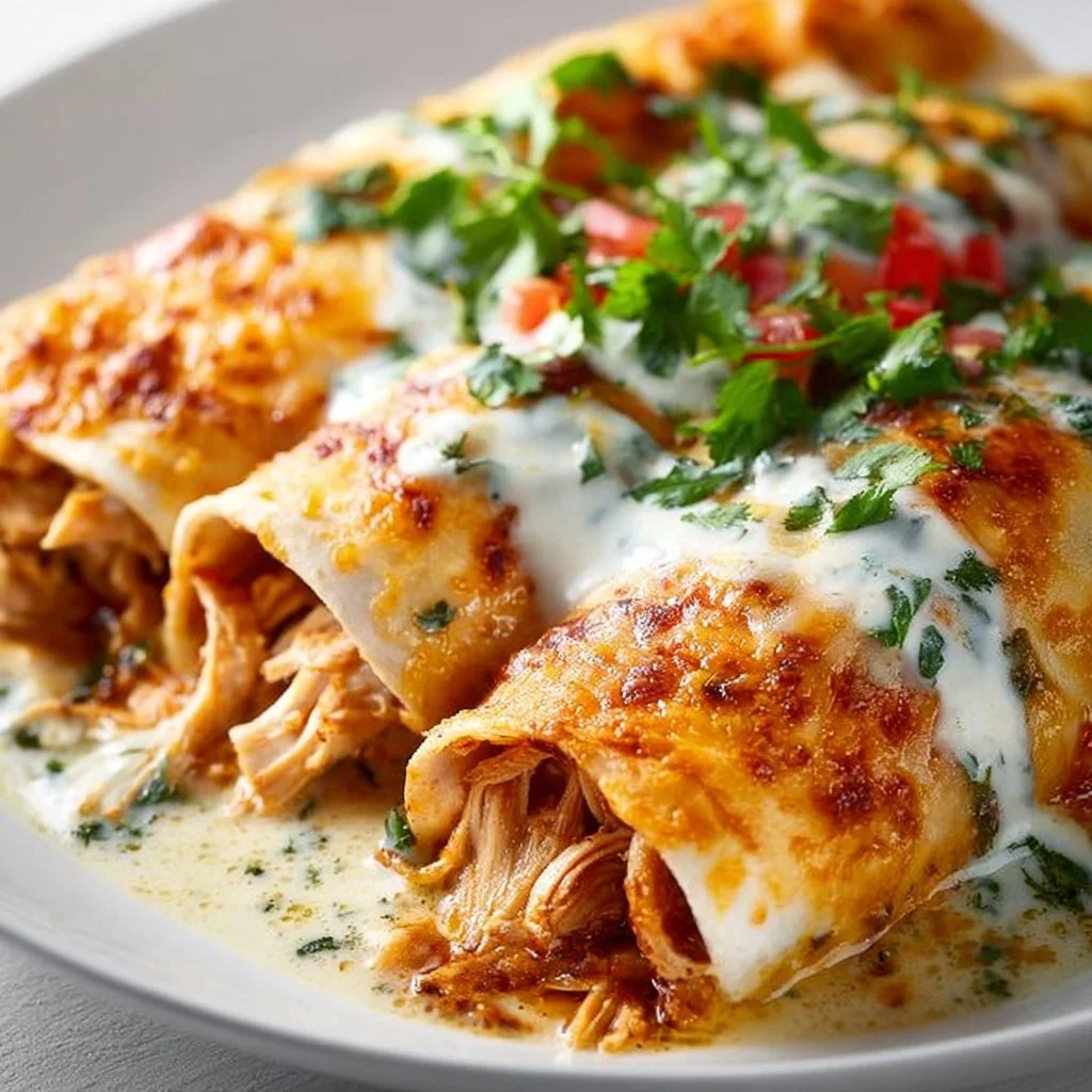 Plate of homemade Chicken Enchiladas topped with cheese and garnished with cilantro.