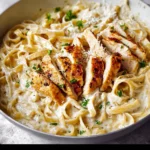Creamy Chicken Fettuccine Alfredo served in a bowl