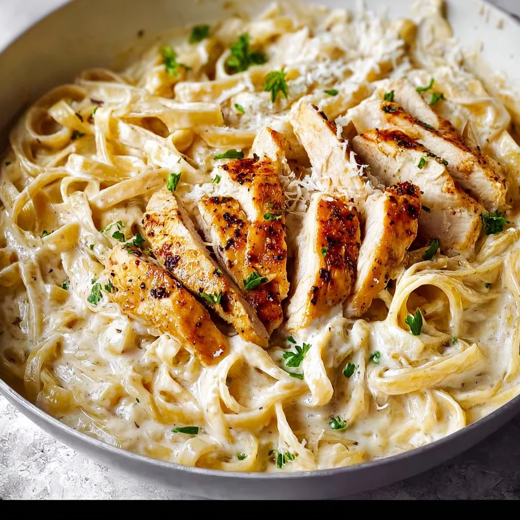 Creamy Chicken Fettuccine Alfredo served in a bowl