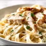 Creamy Chicken Fettuccine Alfredo topped with parsley in a bowl