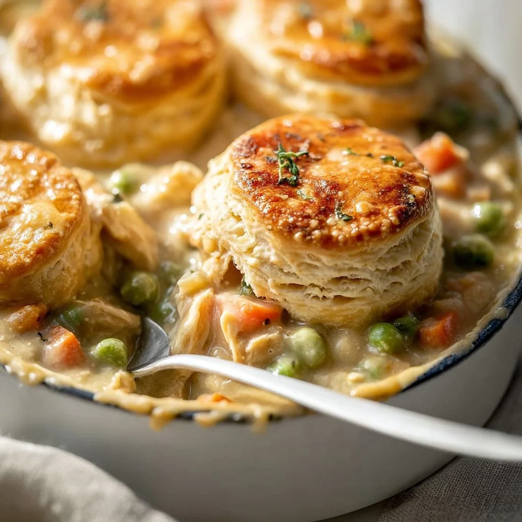 Delicious Chicken Pot Pie with fluffy biscuits on top, perfect for comfort food lovers.