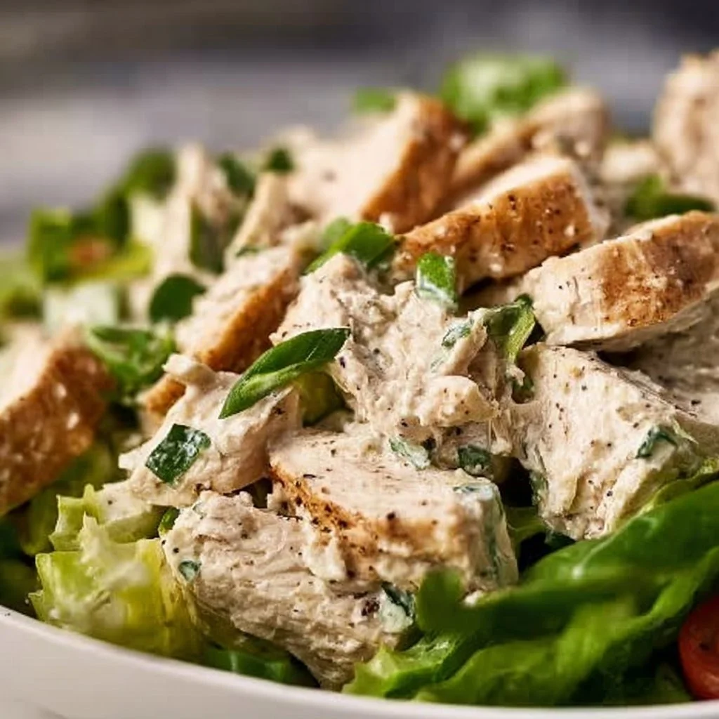 Delicious chicken salad served in a bowl with fresh vegetables and herbs