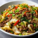 Chinese ground beef stir fry with cabbage in a colorful mix of vegetables