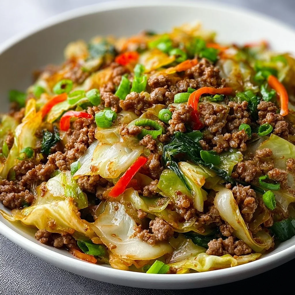 Chinese ground beef stir fry with cabbage in a colorful mix of vegetables