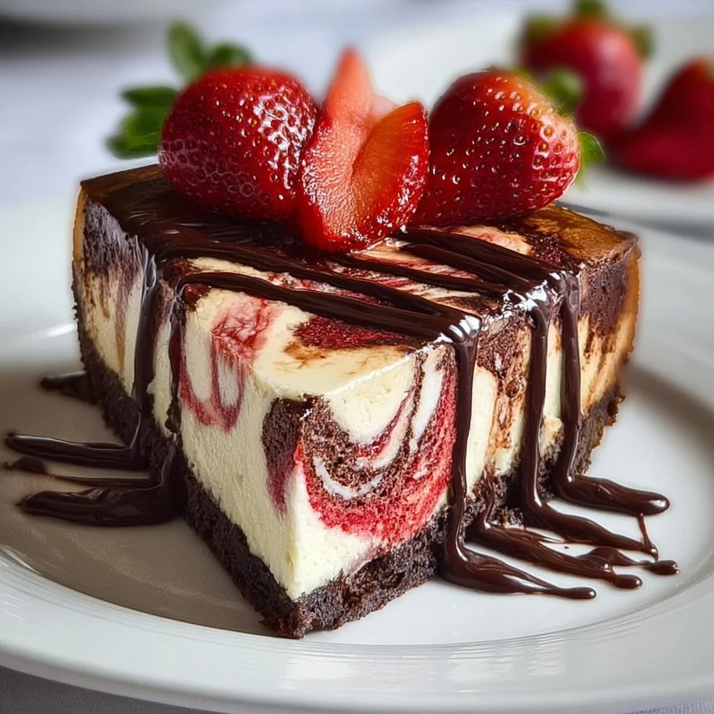Chocolate Strawberry Swirl Cheesecake with chocolate drizzles and fresh strawberries