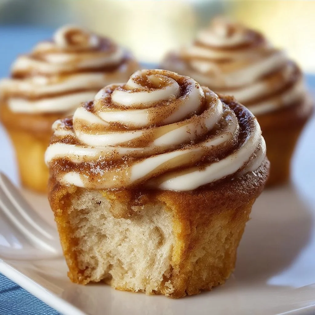 Delicious homemade cinnamon roll cupcakes with frosting and cinnamon topping.