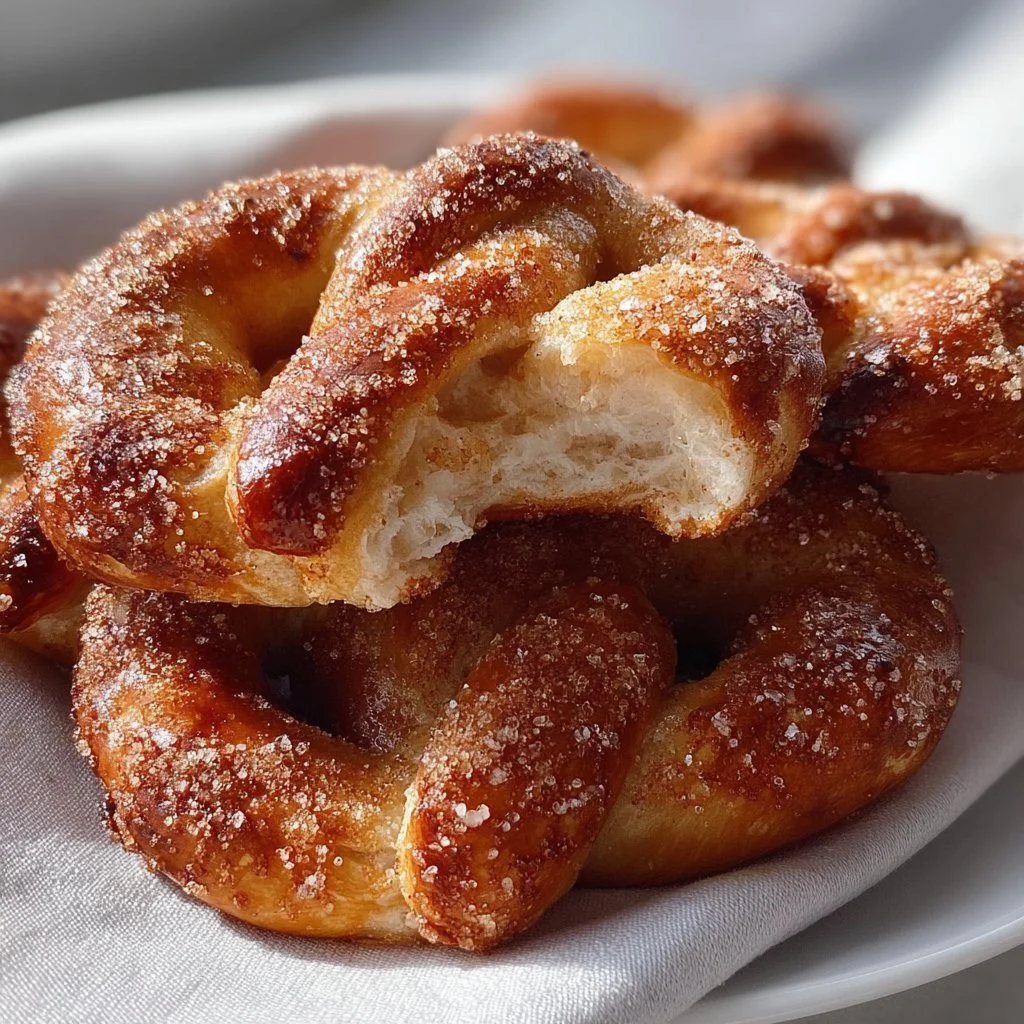 Cinnamon sugar coated soft pretzels on a wooden board.