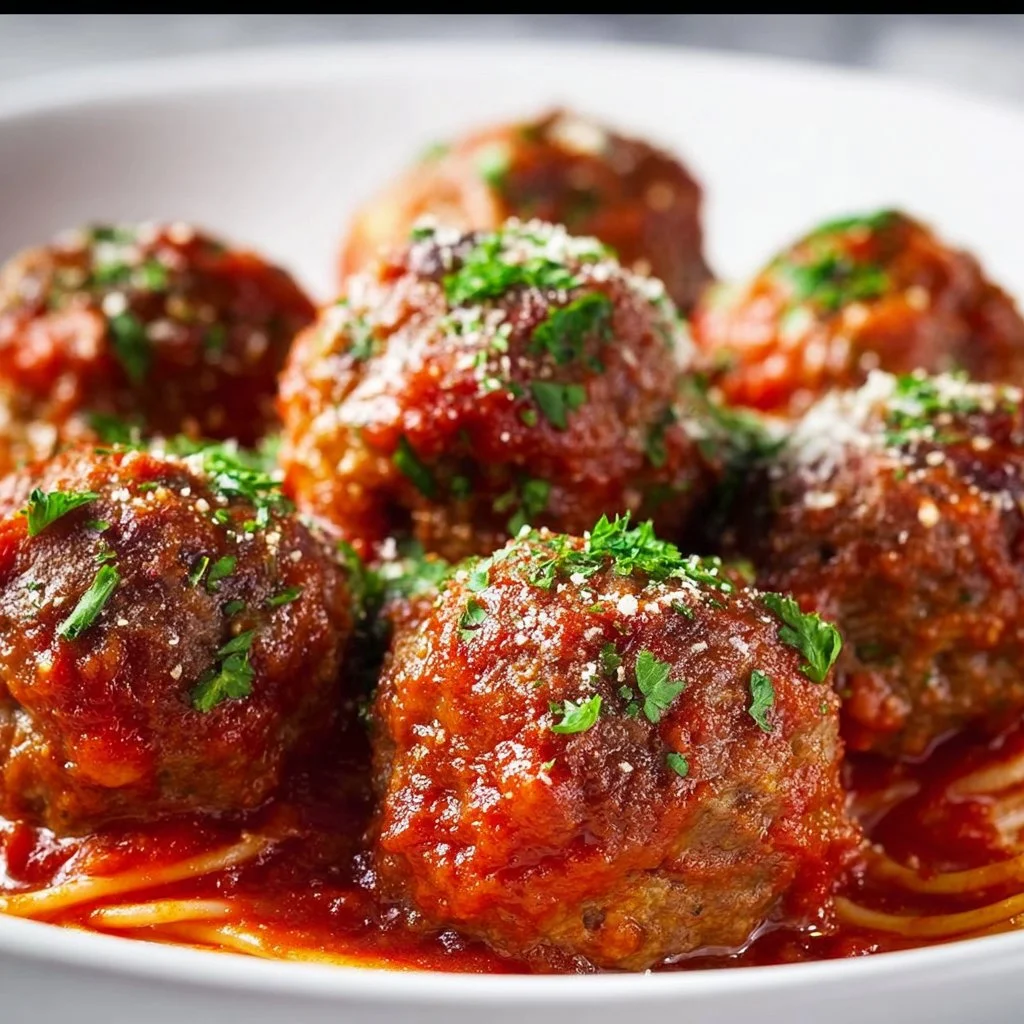 Delicious Classic Italian Meatballs served with marinara sauce and spaghetti.
