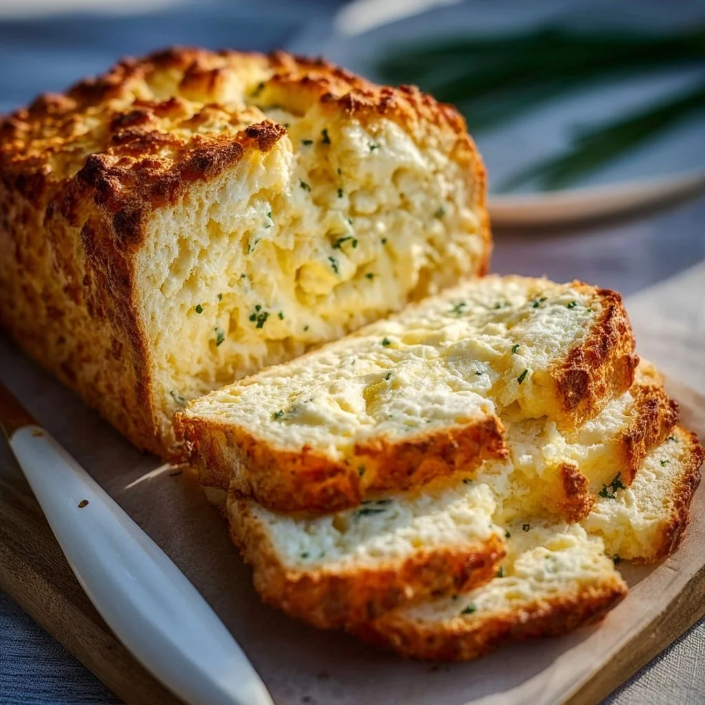 Freshly baked Cottage Cheese Bread shown on a rustic wooden table.