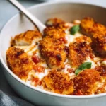 Cottage Cheese Chicken Parm Bowl with fresh ingredients and herbs on a plate