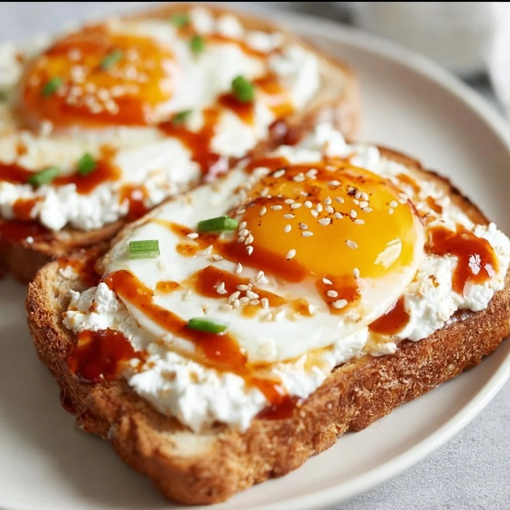 Cottage Cheese Egg and Sriracha Toast topped with fresh herbs