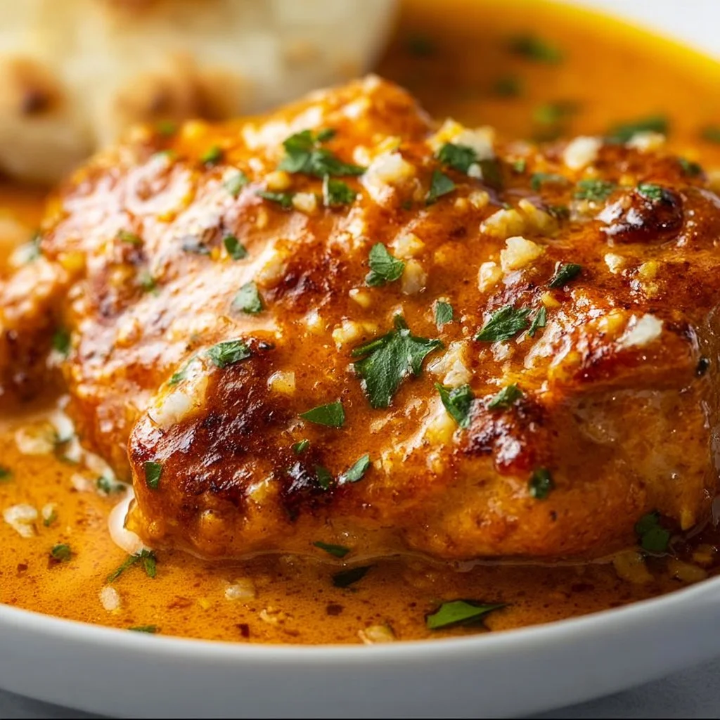 Delicious Cowboy Butter Chicken served with rice and garnished with herbs.