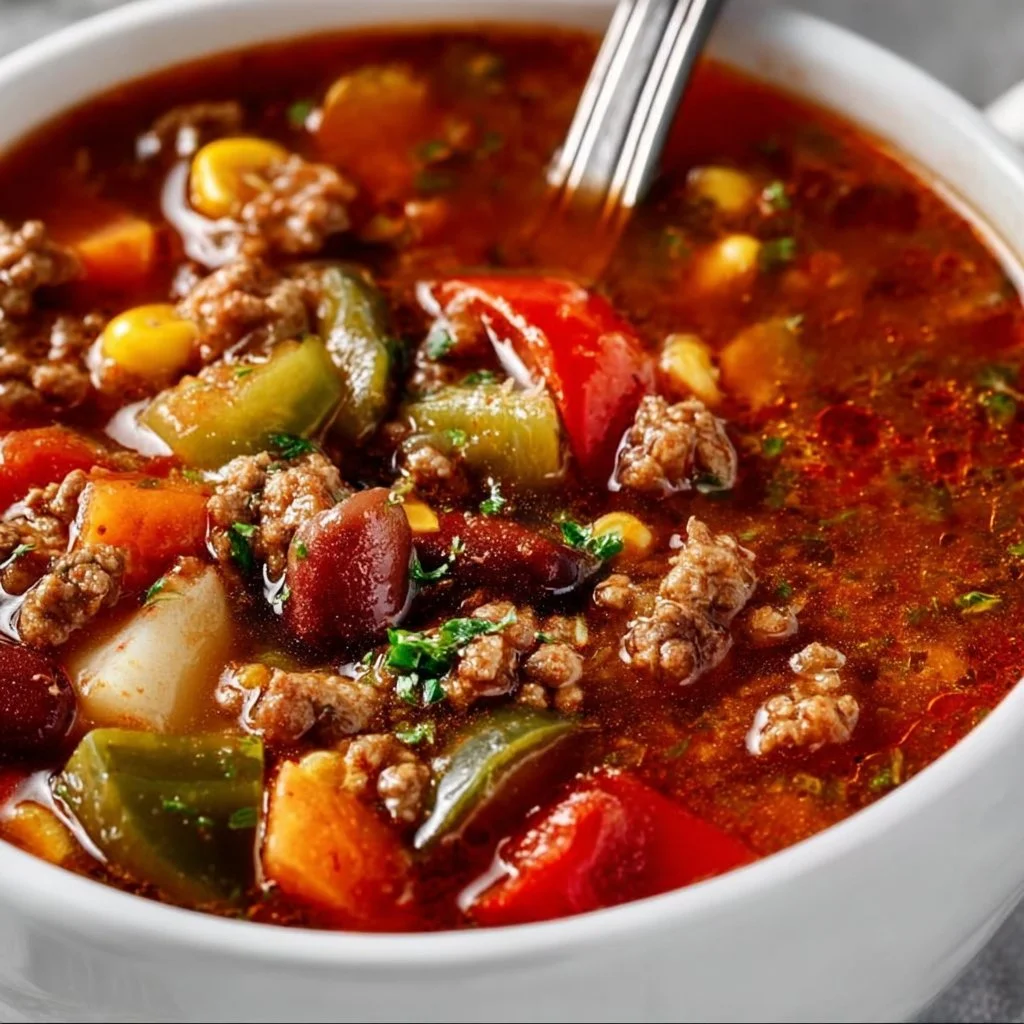 A bowl of hearty Cowboy Soup with vegetables and beans.