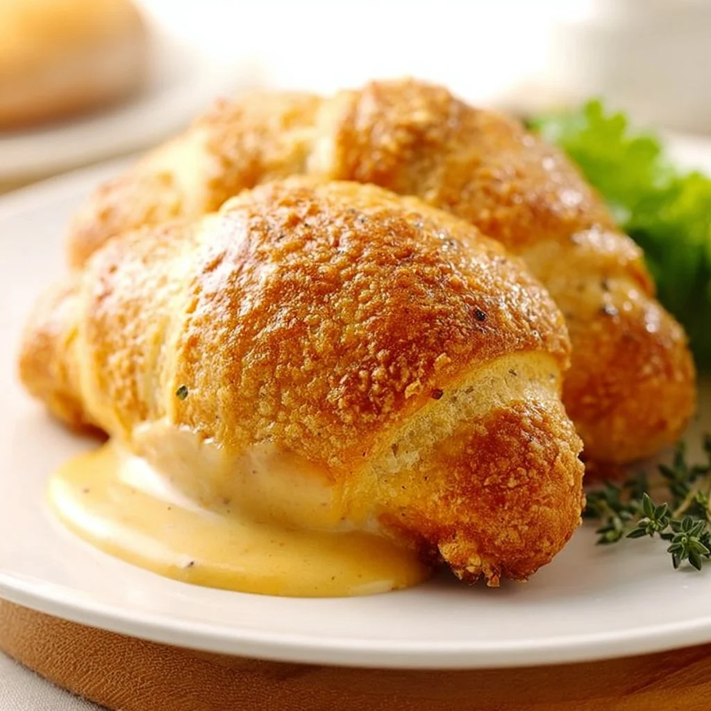 Creamy chicken crescent rolls on a white plate, garnished with herbs.