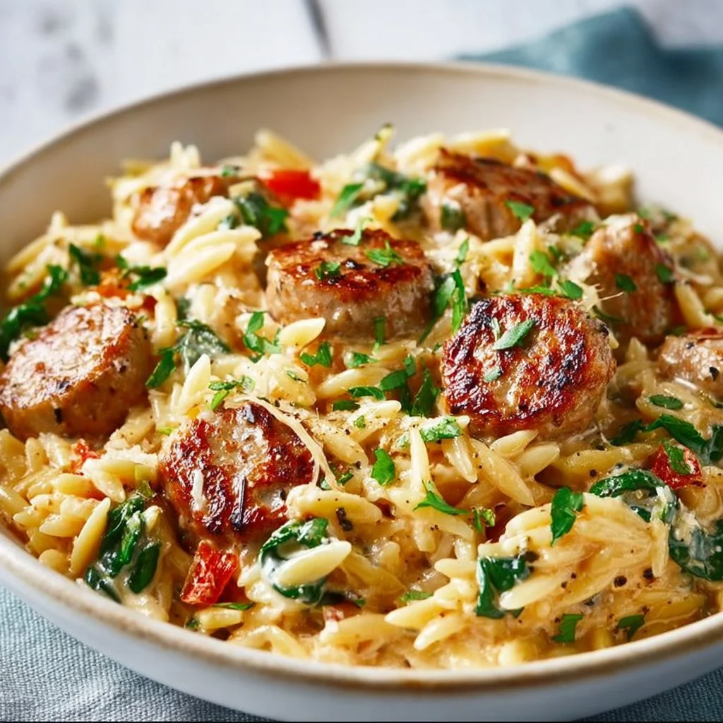 Creamy chicken sausage orzo dish garnished with fresh herbs