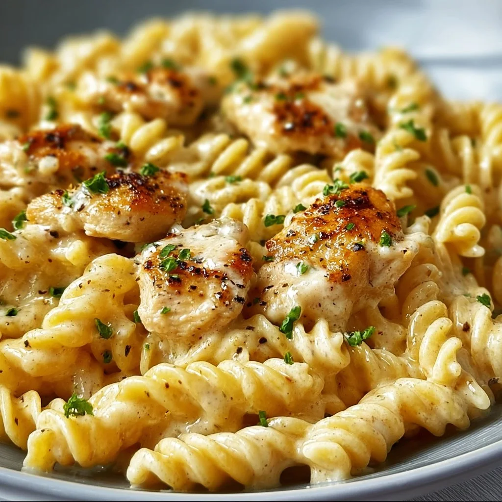 Creamy Garlic Butter Chicken Rotini Alfredo served in a bowl topped with parsley