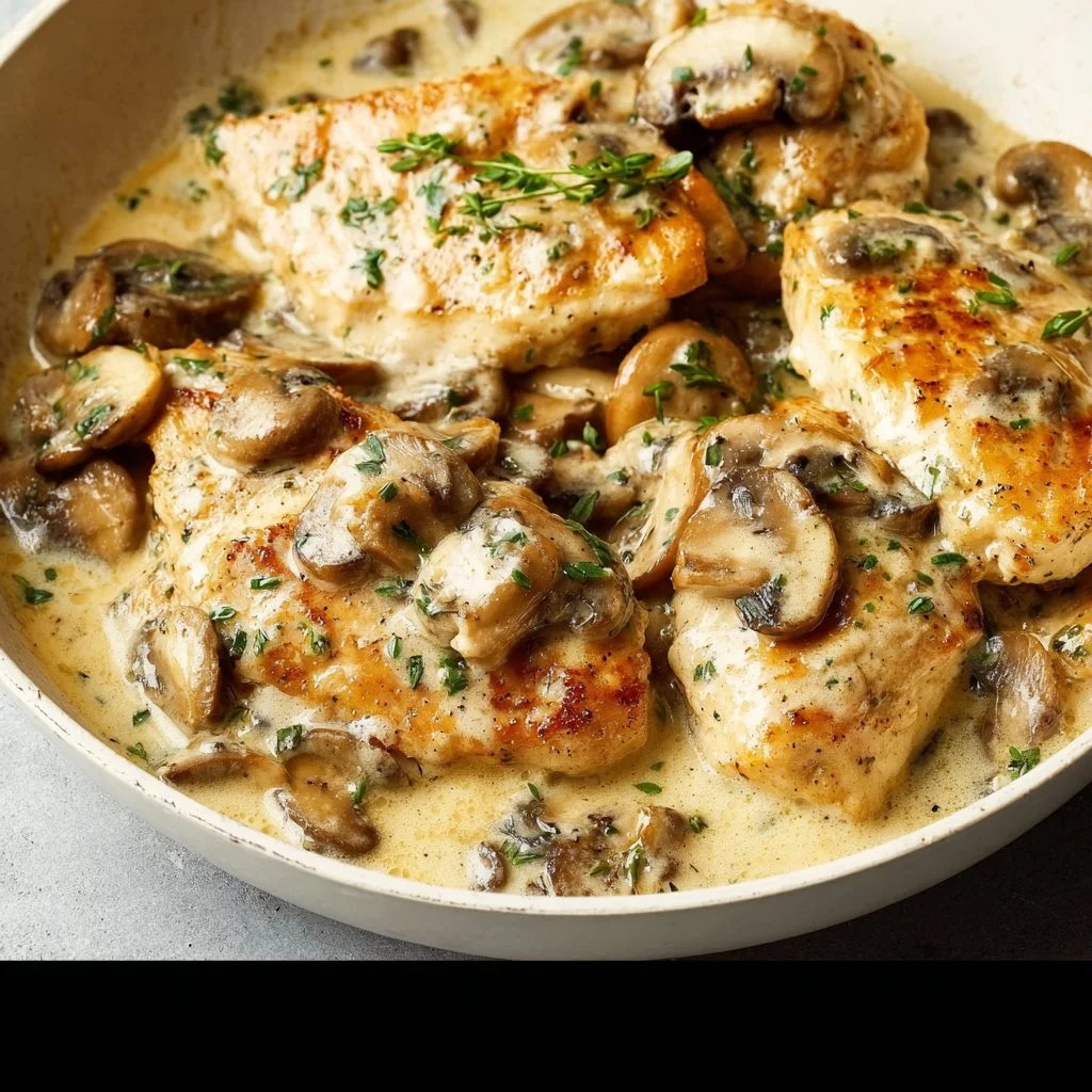 Creamy garlic chicken served on a plate with herbs and spices