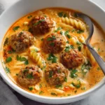 Creamy Italian meatball soup garnished with herbs and served in a bowl.