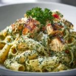 Creamy Pesto Chicken Pasta 3 Creamy pesto chicken pasta served in a bowl with fresh basil and parmesan cheese