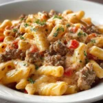 Creamy Rotel pasta with ground beef served in a bowl