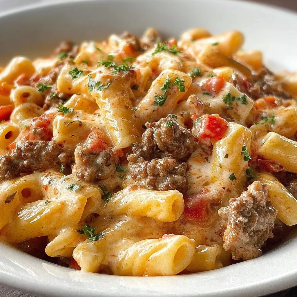 Creamy Rotel pasta with ground beef served in a bowl