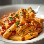 Creamy Tomato Garlic Pasta 2 Creamy tomato garlic pasta dish served in a bowl with garnish.