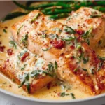 Creamy Tuscan Salmon 3 Creamy Tuscan salmon served with vegetables and topped with herbs