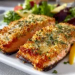 Crispy Baked Parmesan Crusted Salmon 3 Crispy baked parmesan crusted salmon served on a plate