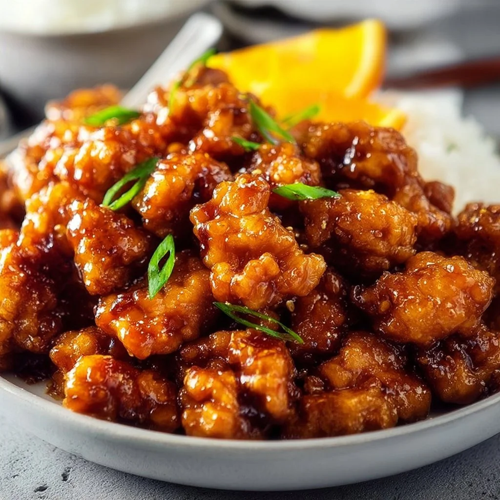 Delicious crispy orange chicken dish with vibrant orange sauce and garnish