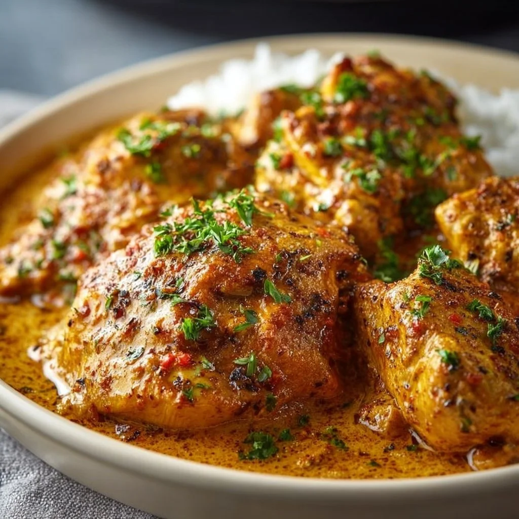 Crockpot Cajun Butter Chicken served with rice and herbs