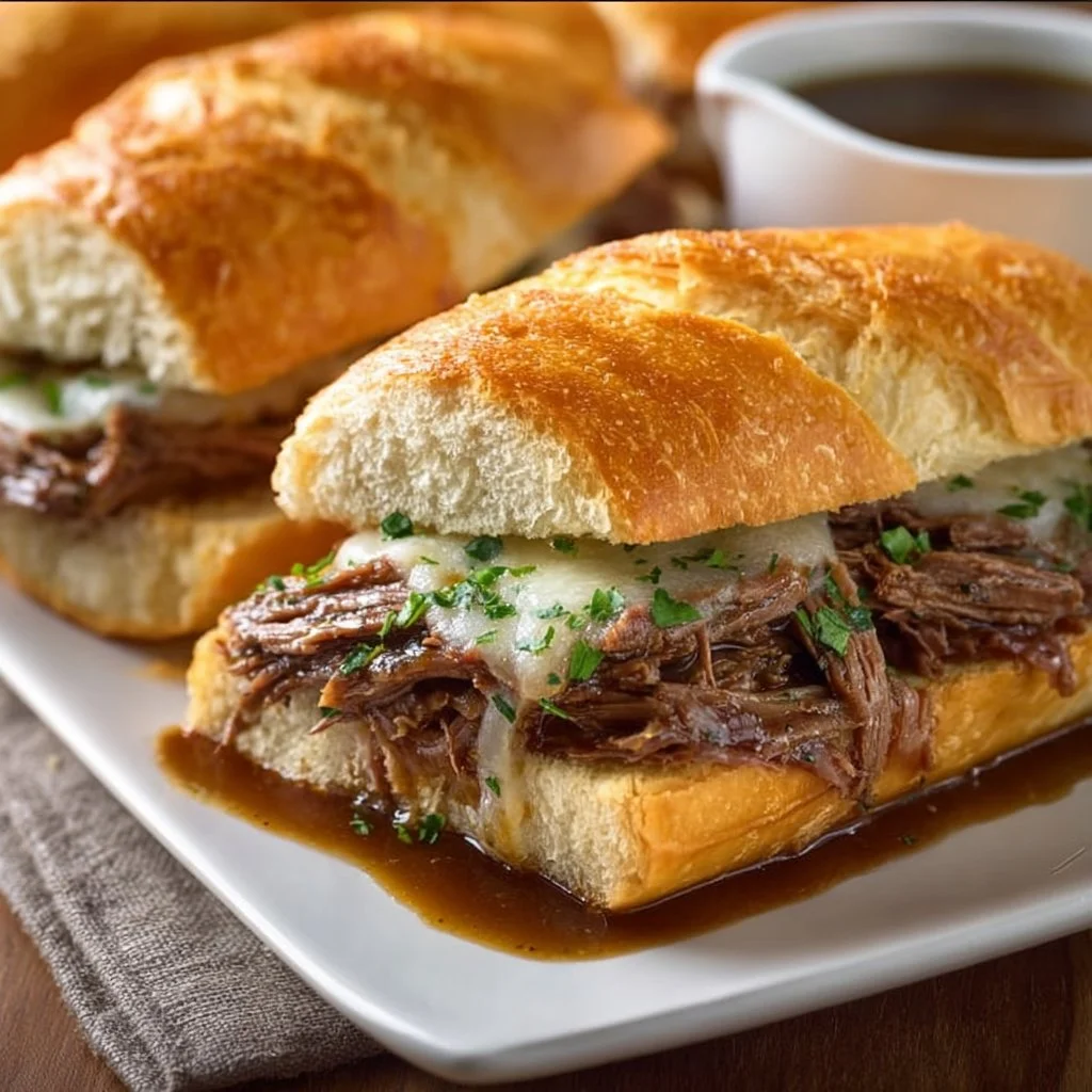 Delicious Crockpot French dip sandwiches served with savory dipping sauce.